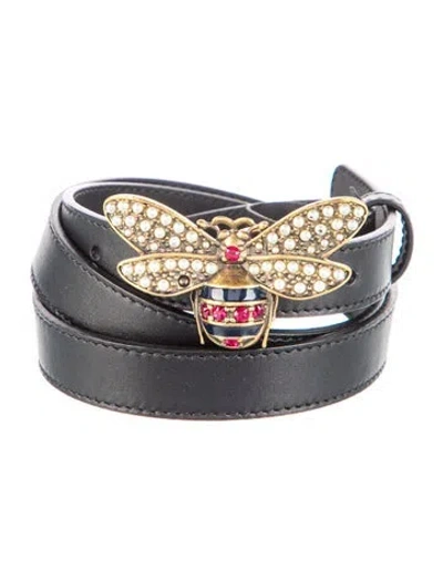 Pre-owned Gucci Faux Pearl Accents Skinny Belt In Black