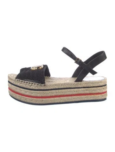 Pre-owned Gucci Faux Pearl Accents Striped Espadrilles In Black