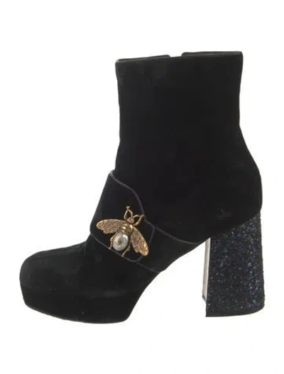 Pre-owned Gucci Faux Pearl Accents Velvet Boots In Black