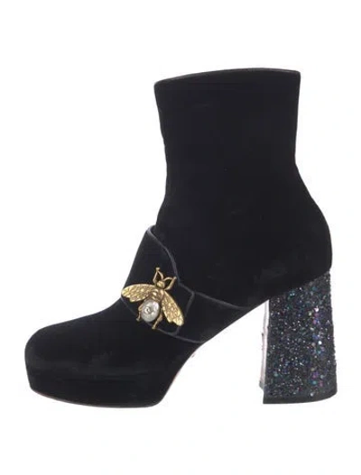 Pre-owned Gucci Faux Pearl Accents Velvet Boots In Black