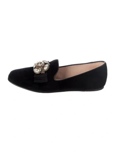 Pre-owned Gucci Faux Pearl Accents Velvet Loafers In Black