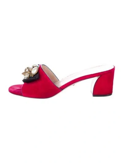 Pre-owned Gucci Faux Pearl Accents Velvet Slides In Red