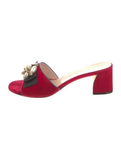 Pre-owned Gucci Faux Pearl Accents Velvet Slides In Red
