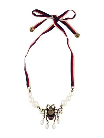 Pre-owned Gucci Faux Pearl & Crystal Bee Pendant Necklace, 38" In Multi