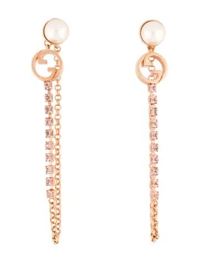 Pre-owned Gucci Faux Pearl & Crystal Chain Blondie Drop Earrings In Pink