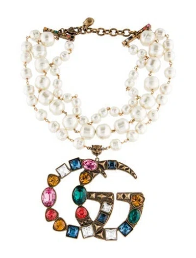 Pre-owned Gucci Faux Pearl & Crystal Double G Collar Necklace, 16.5" In Multi