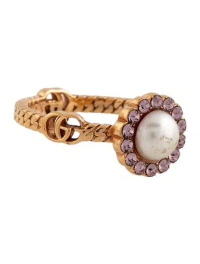 Pre-owned Gucci Faux Pearl & Crystal Double G Flower Cocktail Ring In Pink/white