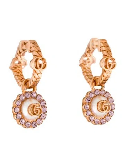 Pre-owned Gucci Faux Pearl & Crystal Double G Flower Drop Hoop Earrings In Multi