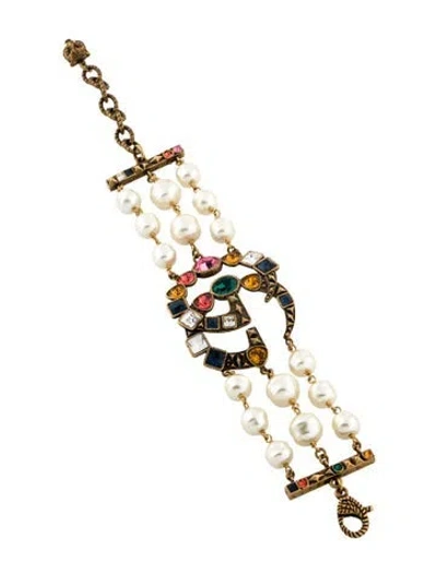 Pre-owned Gucci Faux Pearl & Crystal Double G Multistrand Bracelet, 9"