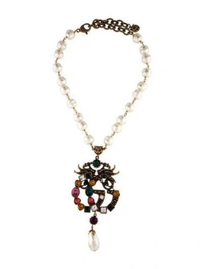 Pre-owned Gucci Faux Pearl & Crystal Double G Necklace, 18.75" In Multicolor
