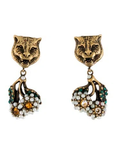 Pre-owned Gucci Faux Pearl & Crystal Feline Cherry Drop Earrings In Green/white/yellow