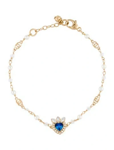 Pre-owned Gucci Faux Pearl & Crystal Heart Bracelet, 7.25" In Multi