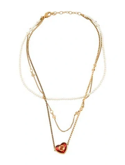Pre-owned Gucci Faux Pearl & Crystal Heart Multistrand Necklace, 16.75"