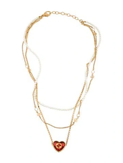 Pre-owned Gucci Faux Pearl & Crystal Heart Multistrand Necklace, 16.75"