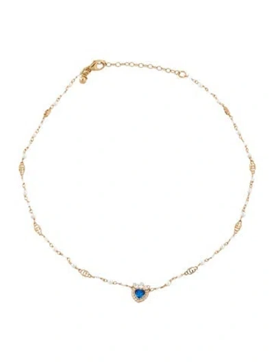 Pre-owned Gucci Faux Pearl & Crystal Heart Necklace, 16" In Multi