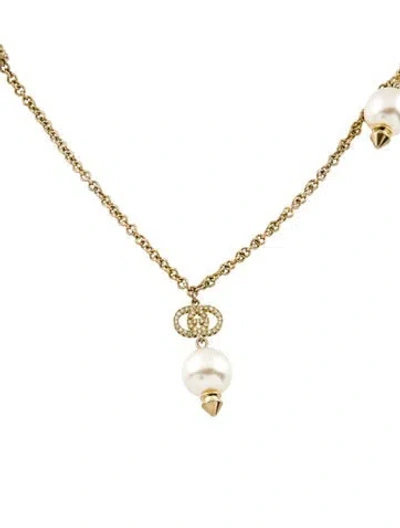 Pre-owned Gucci Faux Pearl & Crystal Interlocking G Station Necklace, 35.25" In Multi