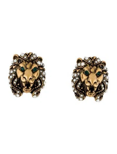 Pre-owned Gucci Faux Pearl & Crystal Lion Head Clip-on Earrings In Multi
