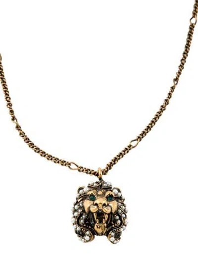 Pre-owned Gucci Faux Pearl & Crystal Lion Head Pendant Necklace, 24" In Green
