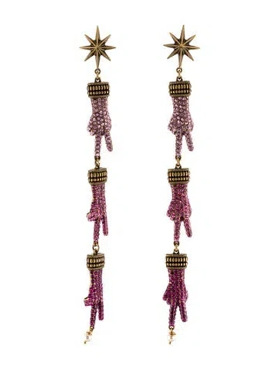 Pre-owned Gucci Faux Pearl & Crystal Peace Hand Clip-on Drop Earrings In Pink