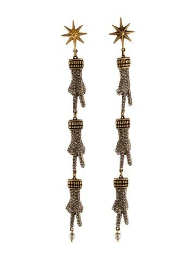 Pre-owned Gucci Faux Pearl & Crystal Peace Sign Clip-on Drop Earrings In Multi