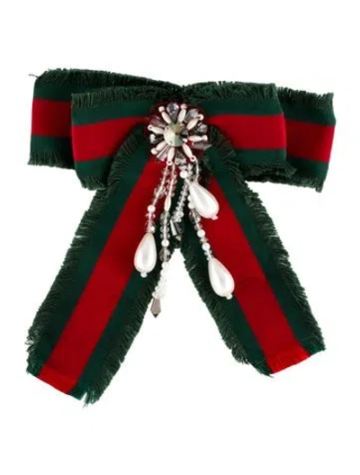 Pre-owned Gucci Faux Pearl & Crystal Striped Ribbon Pin Brooch In Multi