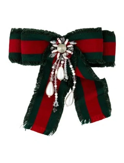 Pre-owned Gucci Faux Pearl & Crystal Web Bow Brooch In Clear/green/red