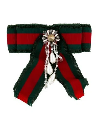 Pre-owned Gucci Faux Pearl & Crystal Web Bow Brooch In Multi