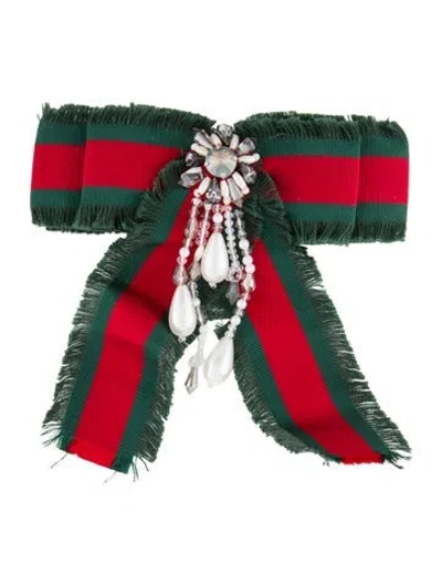 Pre-owned Gucci Faux Pearl & Crystal Web Bow Brooch In Multi