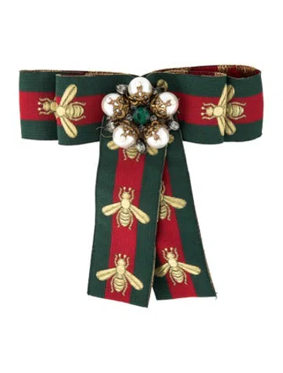 Pre-owned Gucci Faux Pearl & Crystal Web Bow Brooch In Multicolor