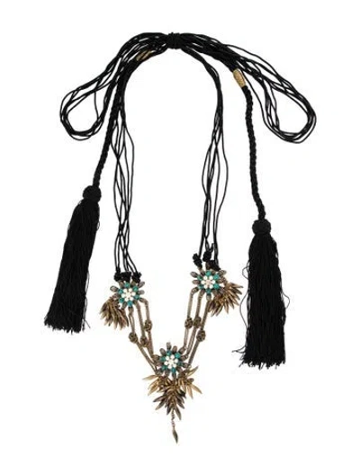 Pre-owned Gucci Faux Pearl & Enamel Embellished Floral Cord Tassel Necklace, 118" In Black