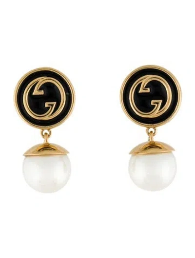Pre-owned Gucci Faux Pearl & Enamel Logo Drop Earrings In Black