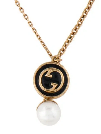 Pre-owned Gucci Faux Pearl & Enamel Pendant Necklace, 21.75" In Multi