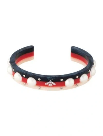 Pre-owned Gucci Faux Pearl & Resin Sylvie Web Cuff Bracelet, 6.5" In Blue/red/white