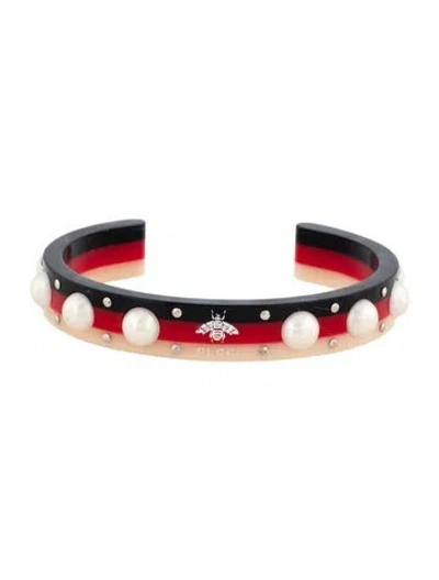 Pre-owned Gucci Faux Pearl & Resin Sylvie Web Cuff Bracelet, 7" In Multi