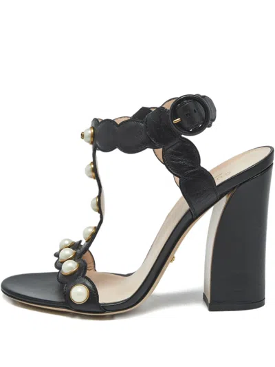 Pre-owned Gucci Faux-pearl Block-heel Sandals In Black