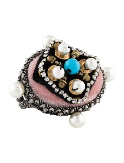 Pre-owned Gucci Faux Pearl, Crystal & Bead Cocktail Two-finger Ring In Multi