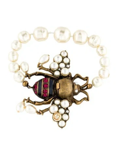 Pre-owned Gucci Faux Pearl, Crystal & Enamel Bee Bead Bracelet, 8" In Multi