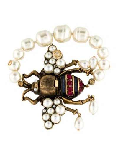 Pre-owned Gucci Faux Pearl, Crystal & Enamel Interlocking G Bracelet, 7" In Multi