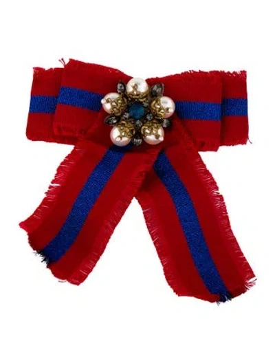 Pre-owned Gucci Faux Pearl, Crystal & Grosgrain Bow Brooch Pin In Multi