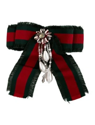 Pre-owned Gucci Faux Pearl, Crystal & Ribbon Web Bow Brooch In Clear/green/red