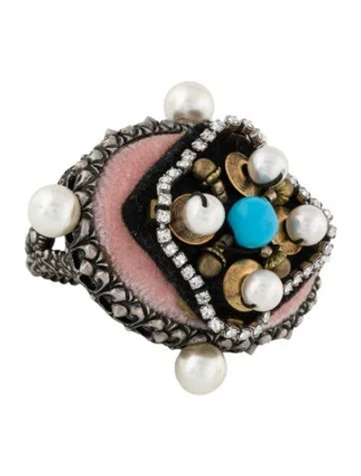 Pre-owned Gucci Faux Pearl, Crystal, Bead & Velvet Two-finger Cocktail Ring