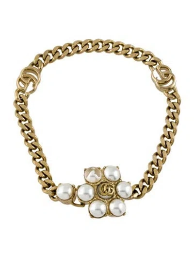 Pre-owned Gucci Faux Pearl Double 'g' Bracelet, 7" In White