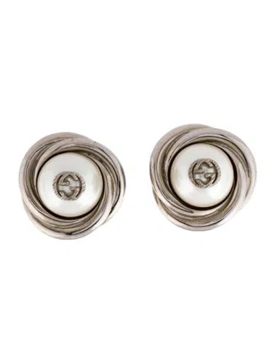 Pre-owned Gucci Faux Pearl Double G Clip-on Earrings In White