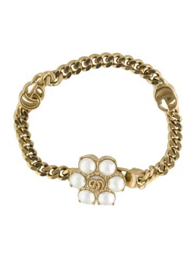 Pre-owned Gucci Faux Pearl Double G Logo Link Bracelet, 6.25" In Multi