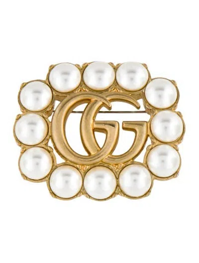Pre-owned Gucci Faux Pearl Double G Pin Brooch In White
