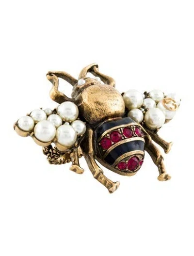 Pre-owned Gucci Faux Pearl, Enamel & Crystal Bee Cocktail Ring In Multi