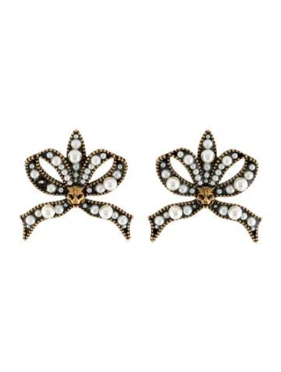 Pre-owned Gucci Faux Pearl Feline Bow Stud Earrings In Multi
