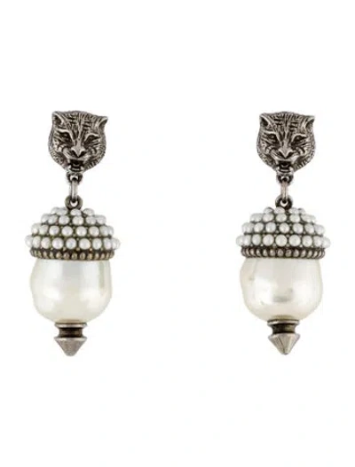 Pre-owned Gucci Faux Pearl Feline Head & Acorn Drop Earrings In White