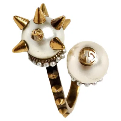 Pre-owned Gucci Faux Pearl Gg & Spikes Double Ball Bypass Cocktail Ring In Multi