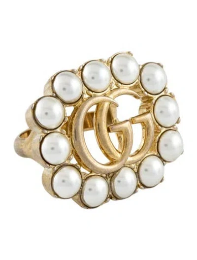 Pre-owned Gucci Faux Pearl 'gg Marmont' Cocktail Ring In White